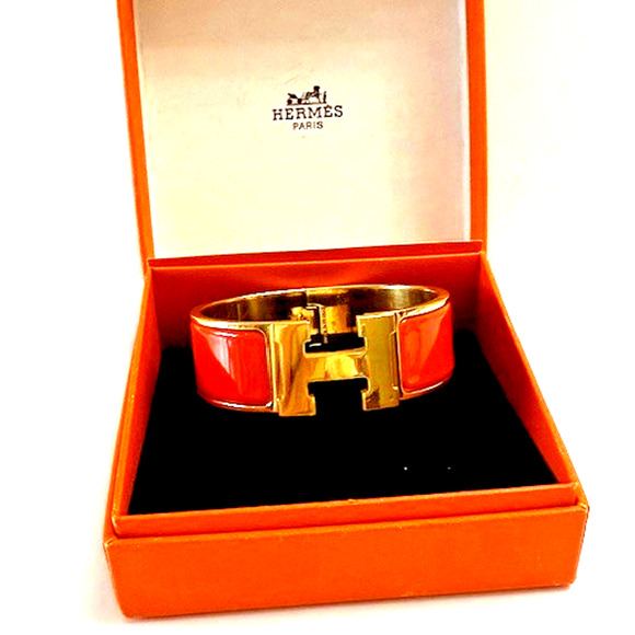 Hermès ORANGE Enamel Gold Plated Clic Clac H bracelet Medium w/ box - Picture 1 of 16